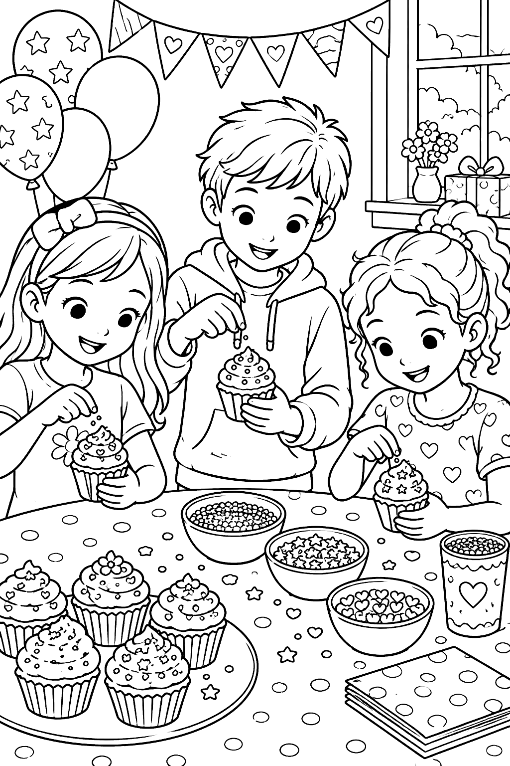 Kids decorating cupcakes with sprinkles at a birthday party table coloring page