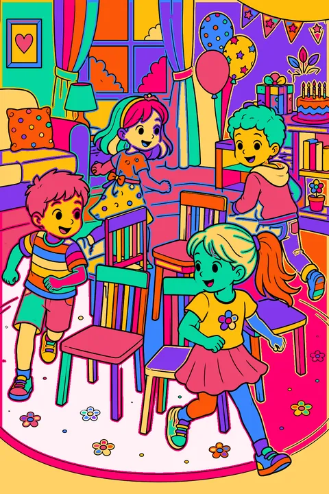 Kids playing musical chairs at a birthday party in the living room coloring page