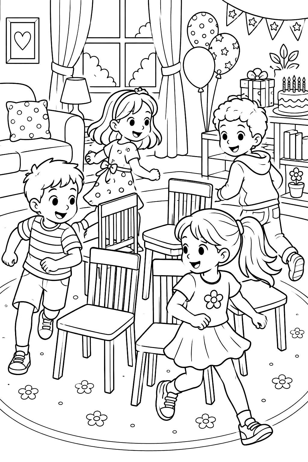 Kids playing musical chairs at a birthday party in the living room coloring page