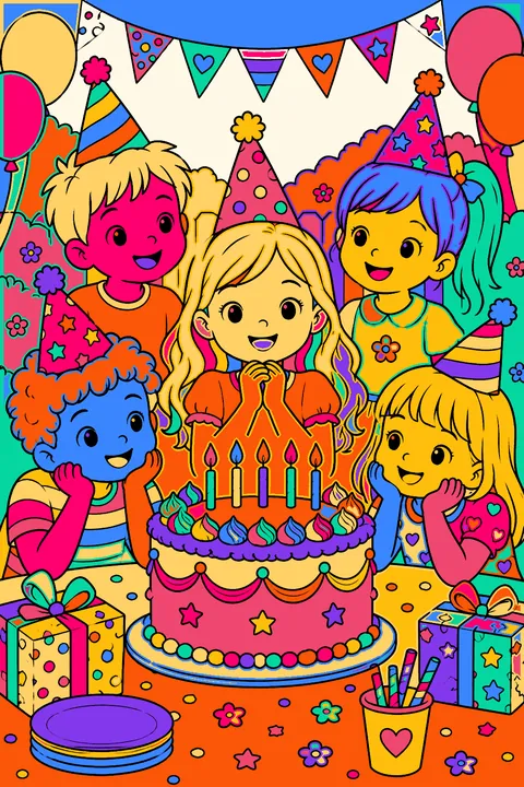 Kids at a birthday party wearing party hats around a big cake coloring page