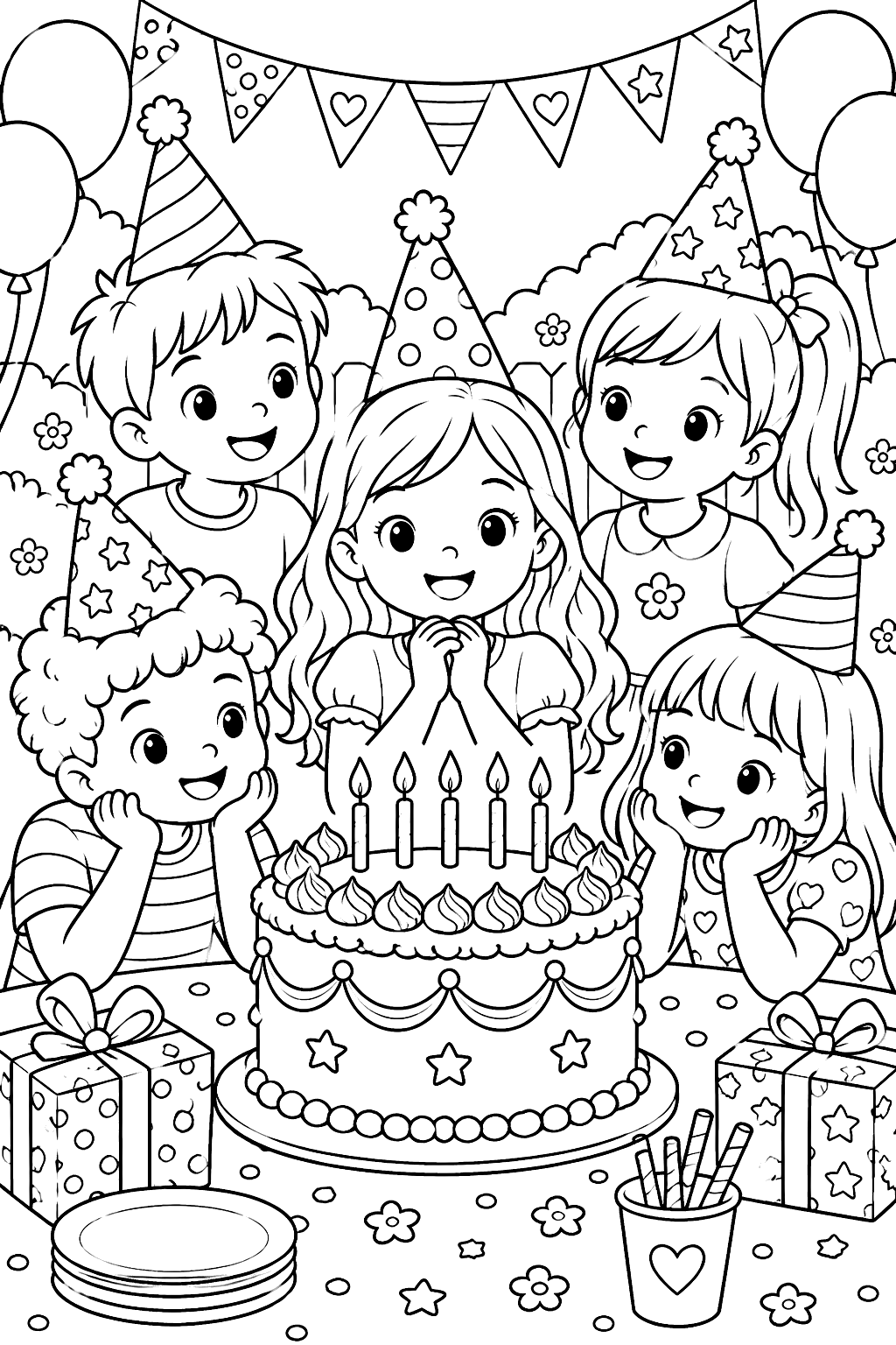 Kids at a birthday party wearing party hats around a big cake coloring page