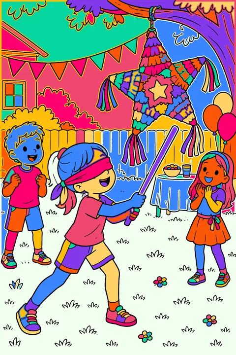 Kids swinging at a star piñata at a backyard birthday party coloring page