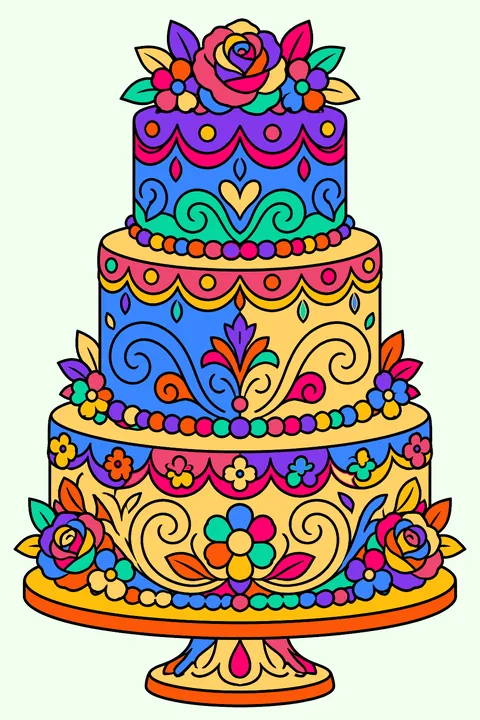 Ornate tiered birthday cake with lace frosting, flowers and swirling patterns coloring page