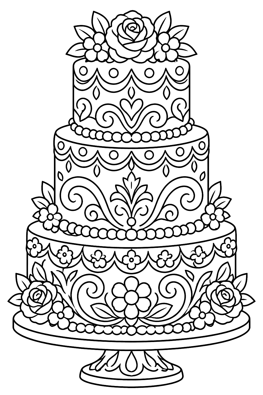 Ornate tiered birthday cake with lace frosting, flowers and swirling patterns coloring page