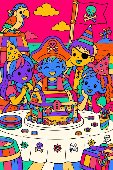 Pirate birthday party with a treasure chest cake and paper hats coloring page