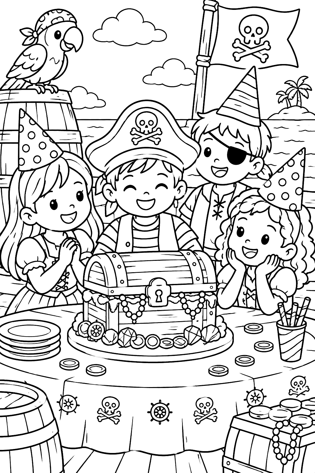 Pirate birthday party with a treasure chest cake and paper hats coloring page