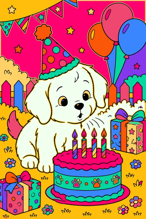 Puppy in a party hat blowing out candles on a cake coloring page