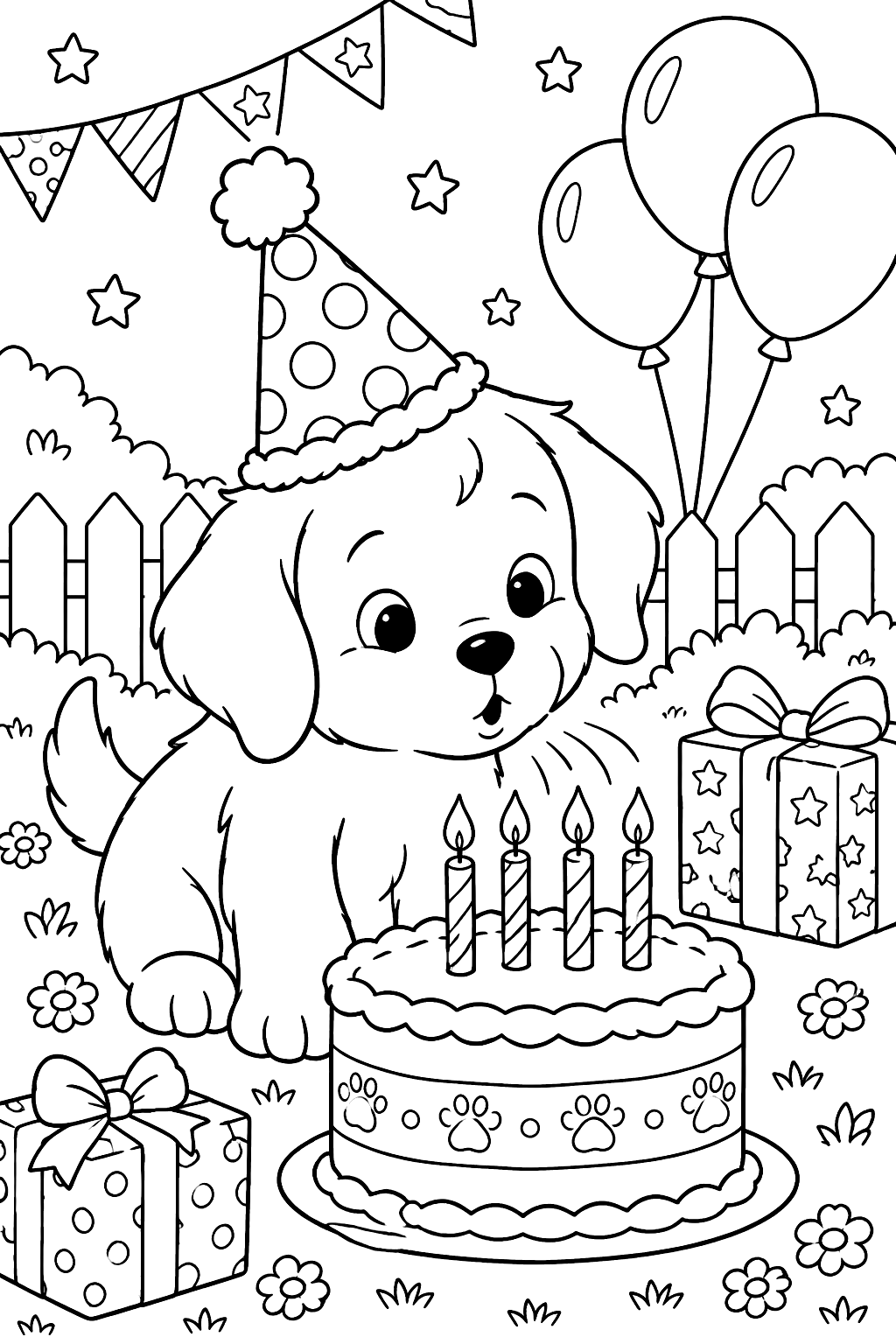 Puppy in a party hat blowing out candles on a cake coloring page