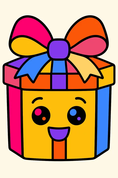 Smiling gift box wearing a big bow on top coloring page