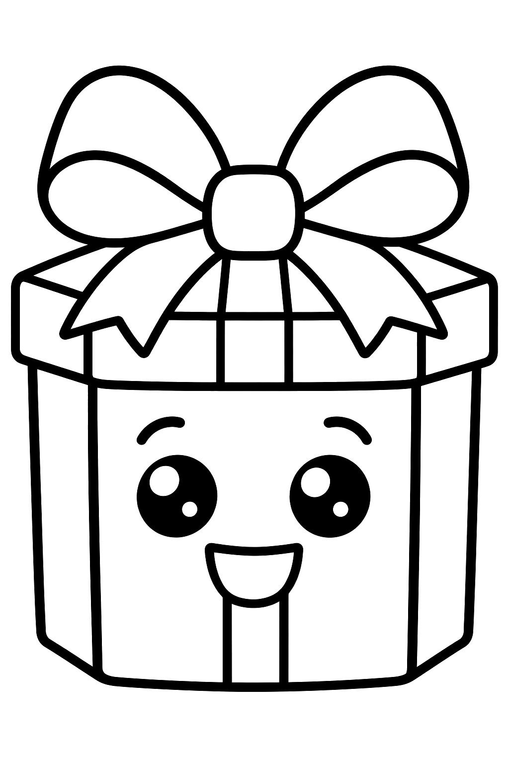 Smiling gift box wearing a big bow on top coloring page