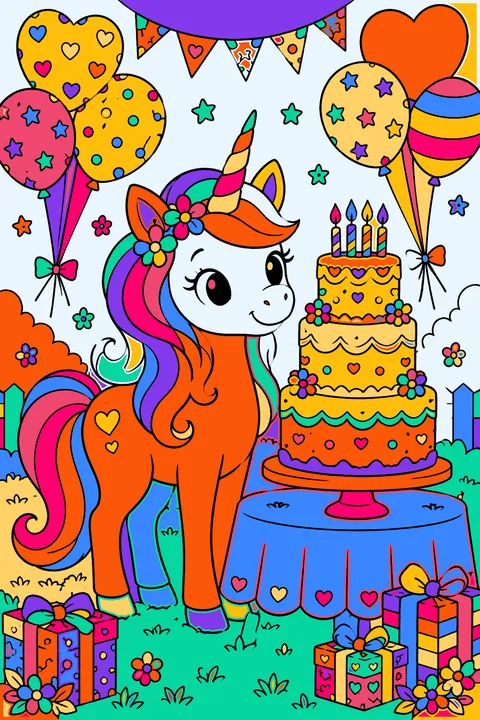 Unicorn birthday party with a tall layered cake and balloons coloring page