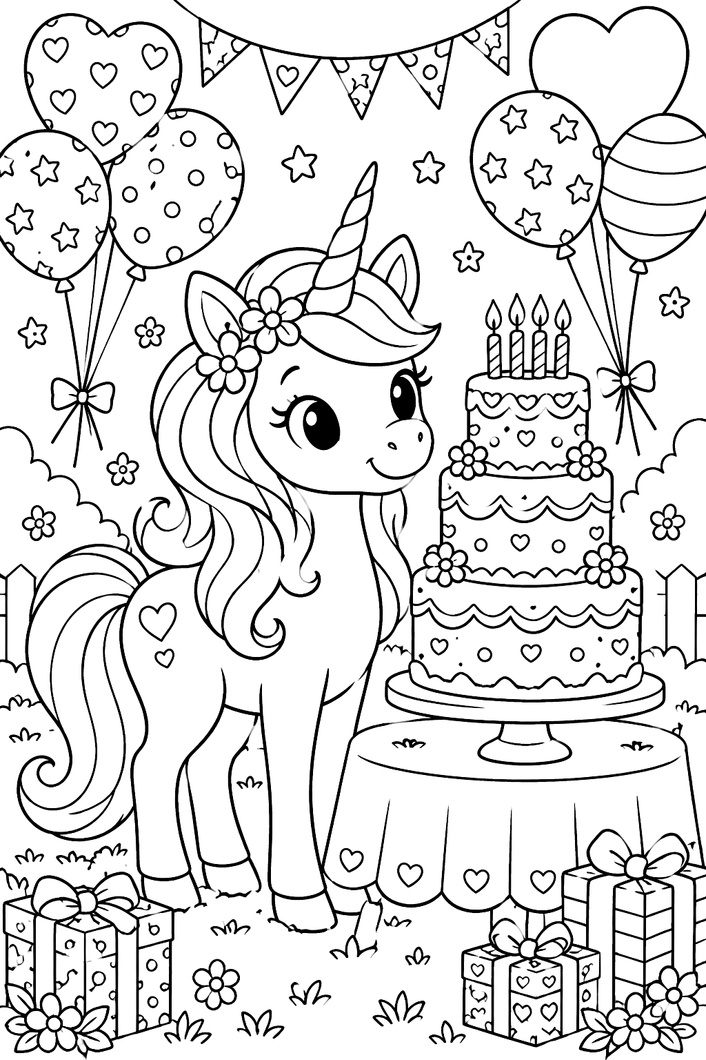 Unicorn birthday party with a tall layered cake and balloons coloring page