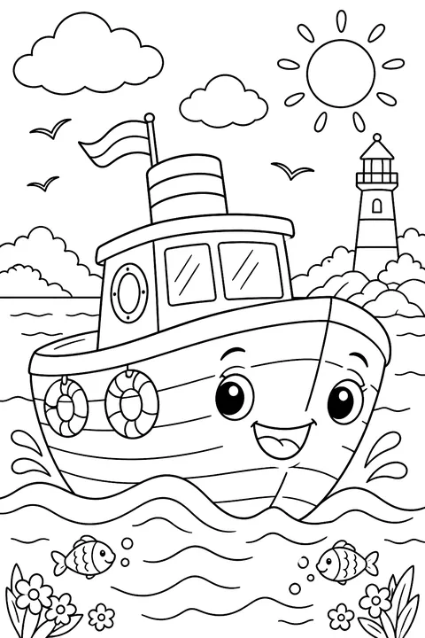 Boat with a smiling face coloring page