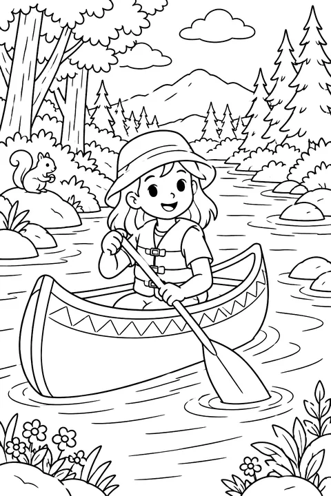Canoe on a river in the forest coloring page