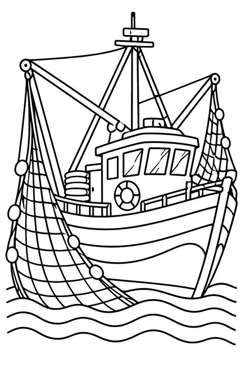 Fishing boat with nets coloring page