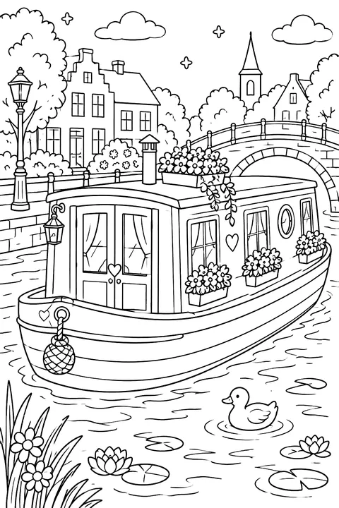 Houseboat on a canal coloring page