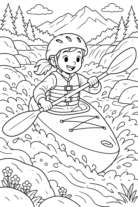 Kayak on rapids coloring page