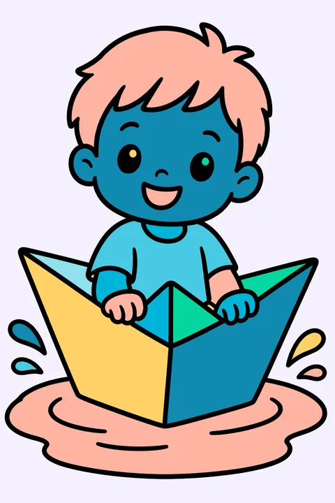 Kid in a paper boat in a puddle coloring page