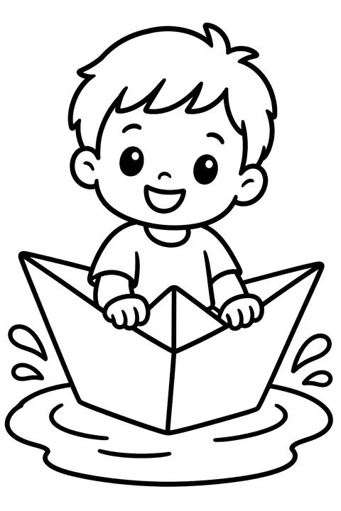 Kid in a paper boat in a puddle coloring page