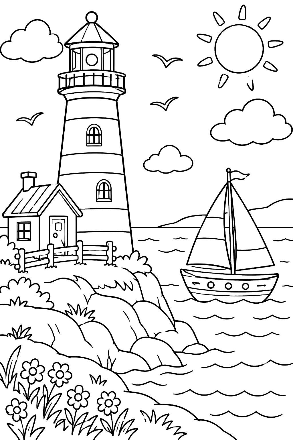 Lighthouse and a boat coloring page