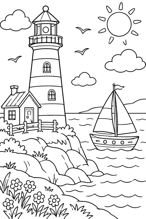 Lighthouse and a boat coloring page