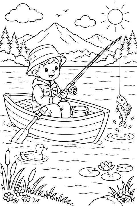 Rowboat on a lake with a fisherman coloring page