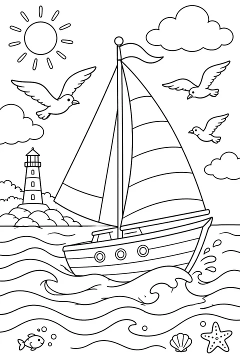Sailboat on the waves with seagulls coloring page