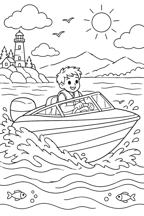 Speed boat making waves coloring page