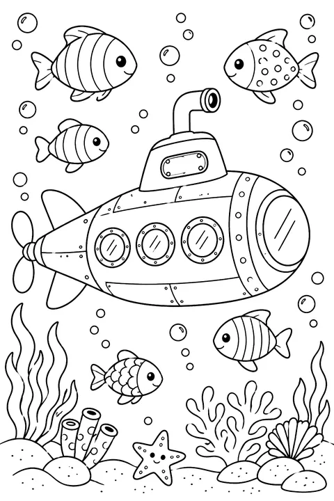 Submarine with fish around coloring page