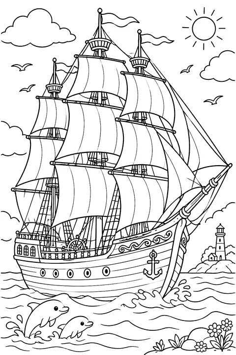 Tall ship with many sails and ropes coloring page