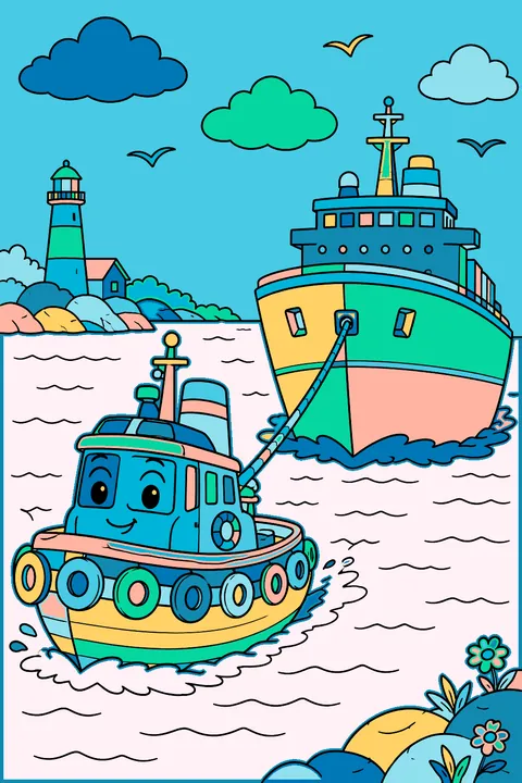 Tugboat pulling a ship coloring page