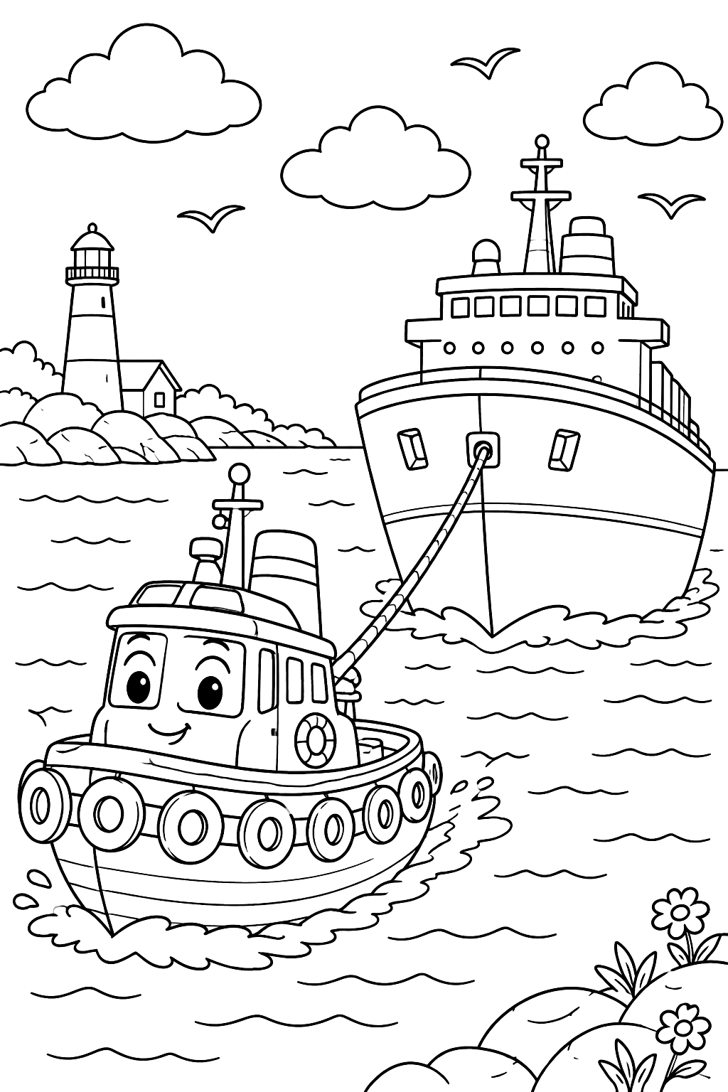 Tugboat pulling a ship coloring page