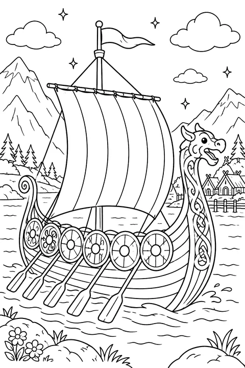 Viking-style ship with round shields coloring page