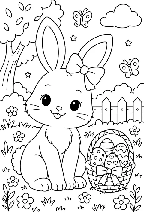 a bunny with a bow on its ear coloring page