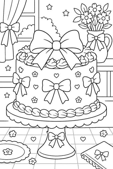 a cake decorated with bows coloring page