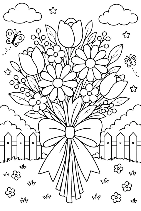 a bow tied around a bunch of flowers coloring page