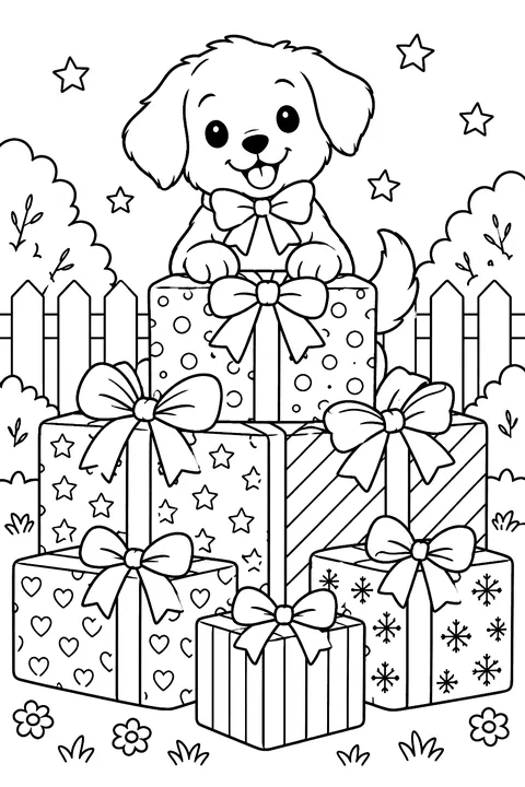 a pile of gifts with bows coloring page