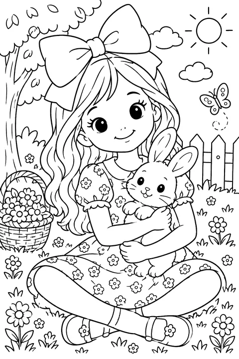a girl with a big hair bow coloring page