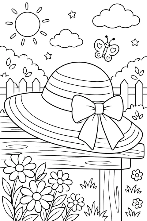 a sun hat with a bow coloring page