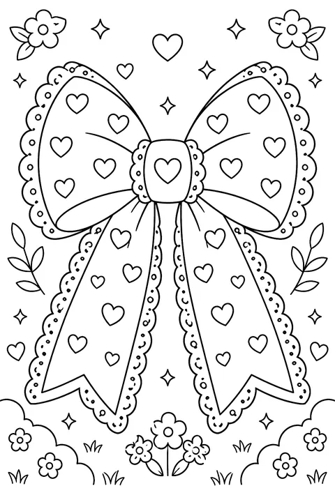 a big decorative bow with lace edges and heart patterns coloring page
