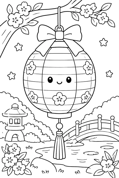 a paper lantern with a bow coloring page