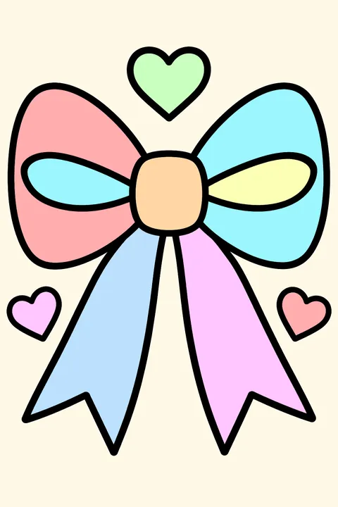 a big ribbon bow with a knot, two loops each with an inner fold shape, two tails with notched ends and three small hearts around coloring page