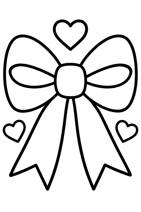 a big ribbon bow with a knot, two loops each with an inner fold shape, two tails with notched ends and three small hearts around coloring page