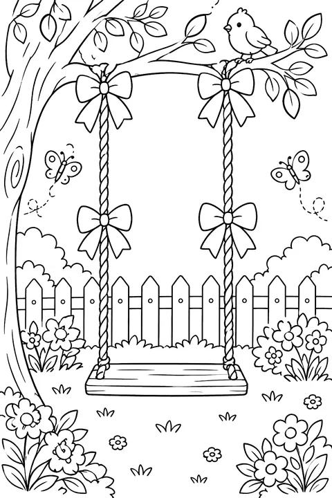 a swing decorated with bows in a garden coloring page