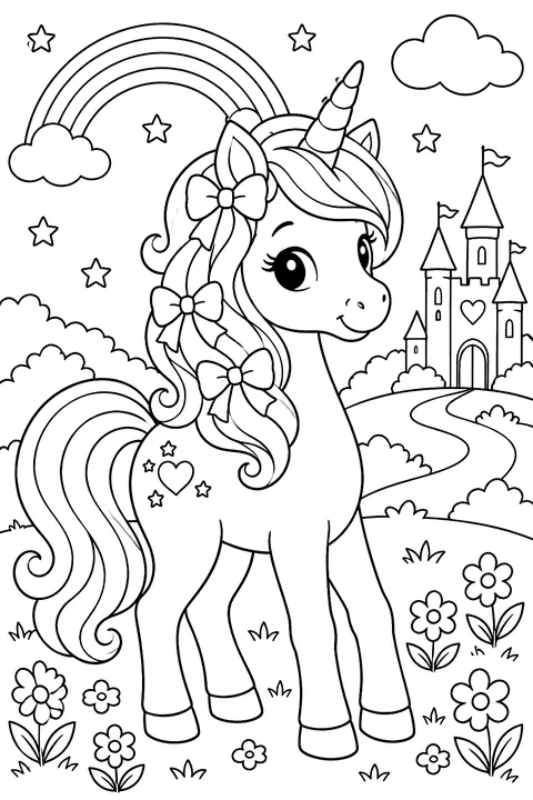 a unicorn with bows in its mane coloring page