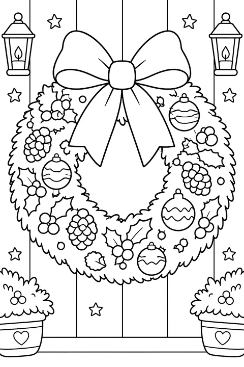 a wreath with a big bow coloring page