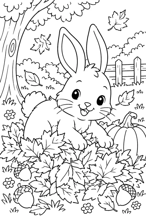 Bunny in Autumn Leaves coloring page