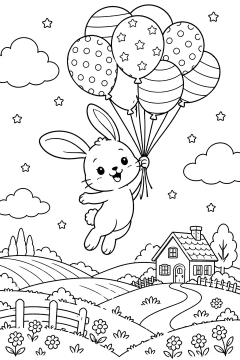 Bunny Floating With Balloons coloring page