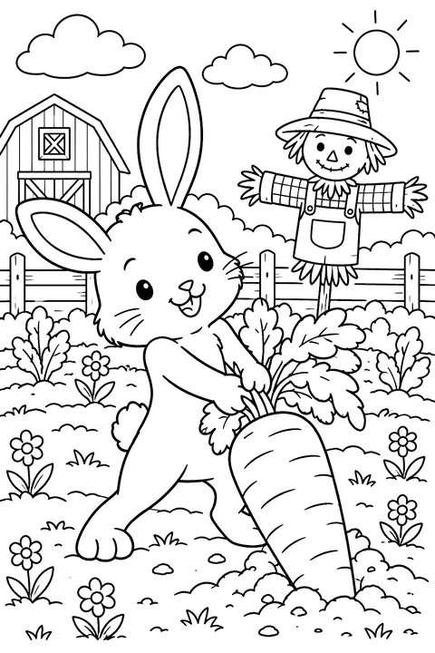 Bunny Pulling a Giant Carrot coloring page