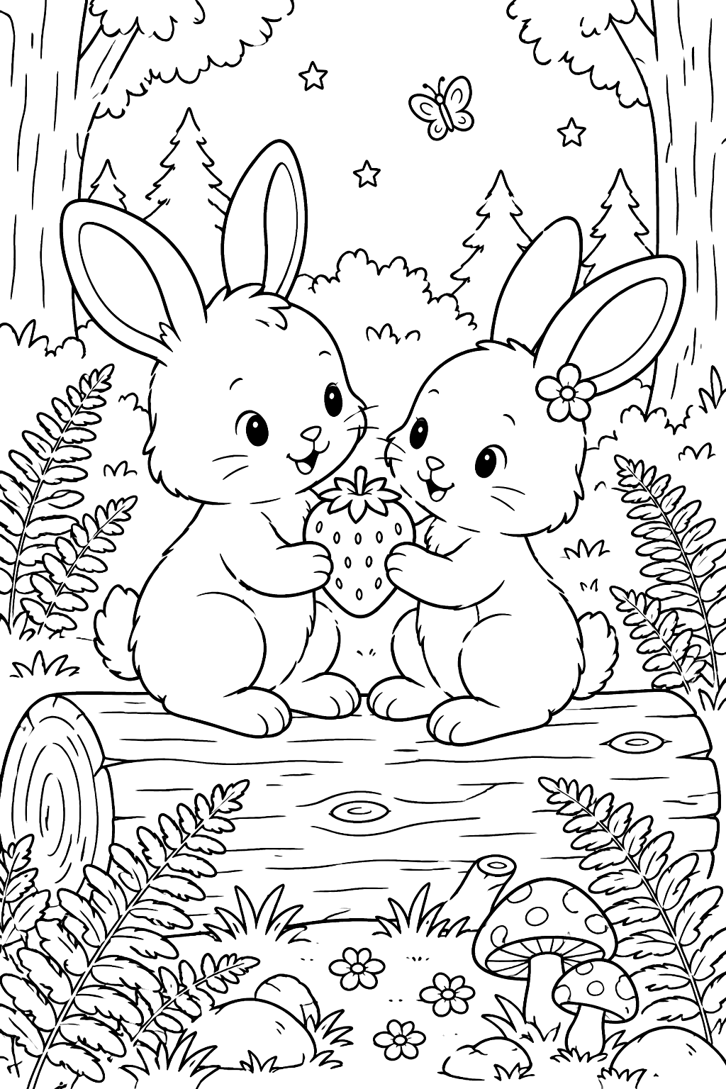 Bunny Friends Sharing a Strawberry coloring page